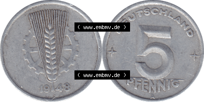 DDR Münze 1948-1990 Umlaufmünze / Kursmünze 1948-1950, Mzz. A für Berlin der DDR 5 Pfennig 1948, 5 / Fünf Pfennig-Stücke Sammlung