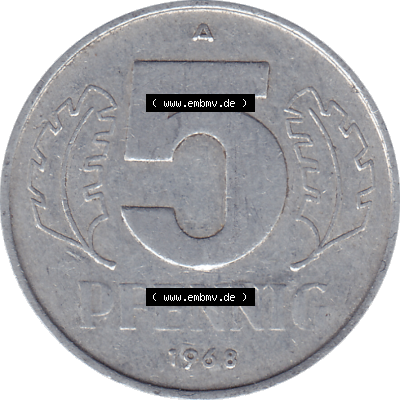 DDR Münze 1948-1990 Umlaufmünze / Kursmünze 1968-1990, Mzz. A für Berlin der DDR 5 Pfennig 1968, Fünf Pfennig DDR (GDR) Münzen Sammlung
