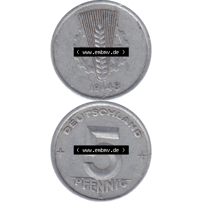 DDR Münze 1948-1990 Umlaufmünze / Kursmünze 1948-1950, Mzz. A für Berlin der DDR 5 Pfennig 1948-01. Bildmaterial als transparente PNG-Grafik mit der Vorderseite... Sammlung