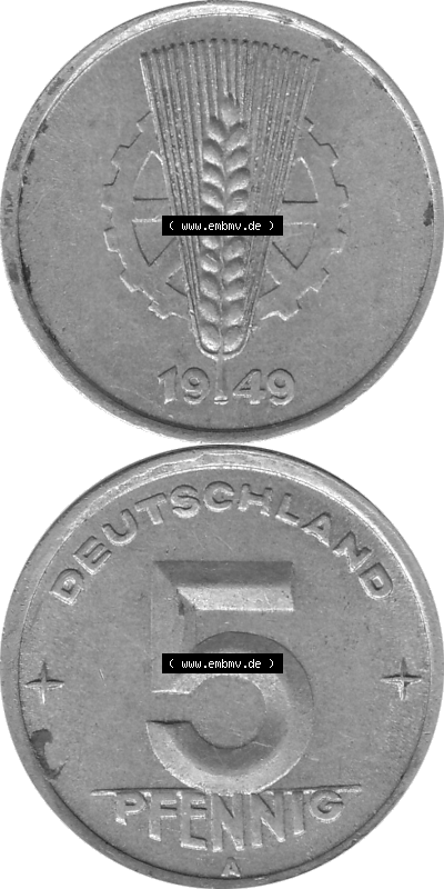 DDR Münze 1948-1990 Umlaufmünze / Kursmünze in Grau 1948-1950, A 5 Pfennig 1949 (Stück 1) Graustufen, sich 5 / Fünf Pfennig-Stücke,... Sammlung