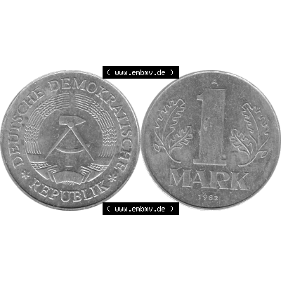 DDR Münze 1956-1990 Umlaufmünze / Kursmünze 1972-1990, A 1 Mark 1982-01 Graustufen. Graustufen Bildmaterial als transparente PNG-Grafik mit der Vorderseite und Rückseite... Sammlung