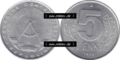 DDR Münze 1948-1990 Umlaufmünze / Kursmünze 1968-1990, Mzz. A für Berlin der DDR 5 Pfennig 1968, 5 / Fünf Pfennig-Stücke Sammlung