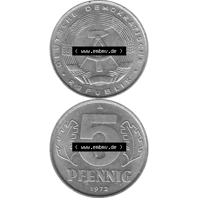 DDR Münze 1948-1990 Umlaufmünze / Kursmünze in Grau 1968-1990, A 5 Pfennig 1972-01 Graustufen. Bildmaterial als transparente Graustufen - s/w - Grau - Schwarzweiß... Sammlung