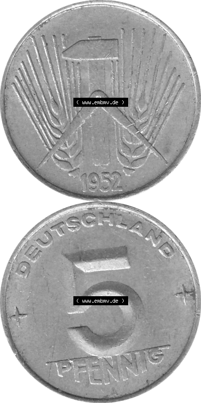 DDR Münze 1948-1990 Umlaufmünze / Kursmünze in Grau 1952-1953, A 5 Pfennig 1952 (Stück 1) Graustufen, sich 5 / Fünf Pfennig-Stücke,... Sammlung