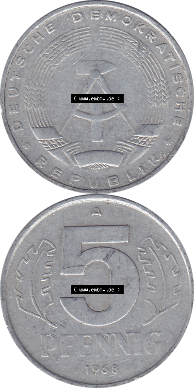 DDR Münze 1948-1990 Umlaufmünze / Kursmünze 1968-1990, Mzz. A für Berlin der DDR 5 Pfennig 1968, 5 / Fünf Pfennig-Stücke Sammlung