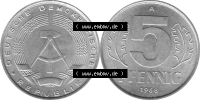 DDR Münze 1948-1990 Umlaufmünze / Kursmünze in Grau 1968-1990, A 5 Pfennig 1968 (Stück 5) Graustufen, sich 5 / Fünf Pfennig-Stücke,... Sammlung