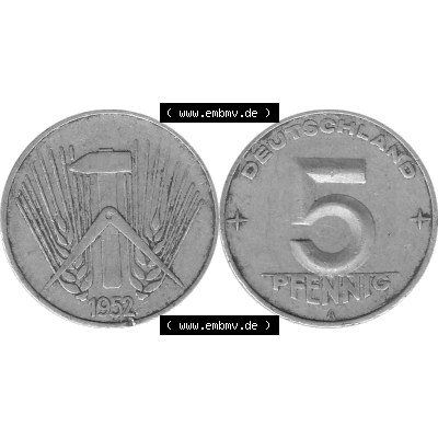 DDR Münze 1948-1990 Umlaufmünze / Kursmünze in Grau 1952-1953, A 5 Pfennig 1952-02 Graustufen. Bildmaterial als Graustufen - s/w - Grau - Schwarzweiß aus farbiger... Sammlung