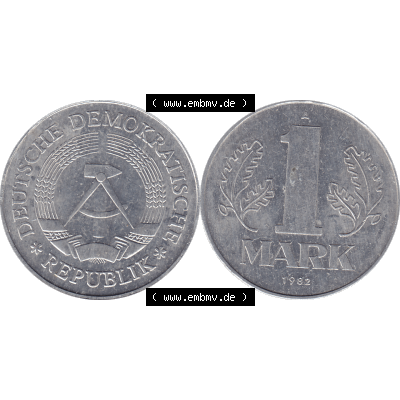 DDR Münze 1956-1990 Umlaufmünze / Kursmünze 1972-1990, A 1 Mark 1982-01. Bildmaterial als transparente PNG-Grafik mit der Vorderseite und Rückseite horizontal rechts... Sammlung