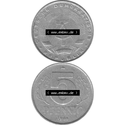 DDR Münze 1948-1990 Umlaufmünze / Kursmünze in Grau 1968-1990, A 5 Pfennig 1968-01 Graustufen. Bildmaterial als transparente Graustufen - s/w - Grau - Schwarzweiß... Sammlung