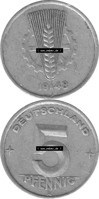 DDR Münze 1948-1990 Umlaufmünze / Kursmünze in Grau 1948-1950, A 5 Pfennig 1948 (Stück 1) Graustufen, sich 5 / Fünf Pfennig-Stücke,... Sammlung