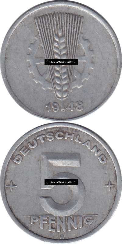 DDR Münze 1948-1990 Umlaufmünze / Kursmünze 1948-1950, Mzz. A für Berlin der DDR 5 Pfennig 1948, 5 / Fünf Pfennig-Stücke Sammlung