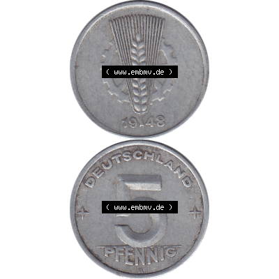 DDR Münze 1948-1990 Umlaufmünze / Kursmünze 1948-1950, Mzz. A für Berlin der DDR 5 Pfennig 1948-02. Bildmaterial als transparente PNG-Grafik mit der Vorderseite... Sammlung
