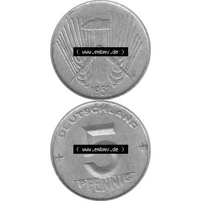 DDR Münze 1948-1990 Umlaufmünze / Kursmünze in Grau 1952-1953, A 5 Pfennig 1952-01 Graustufen. Bildmaterial als transparente Graustufen - s/w - Grau - Schwarzweiß... Sammlung