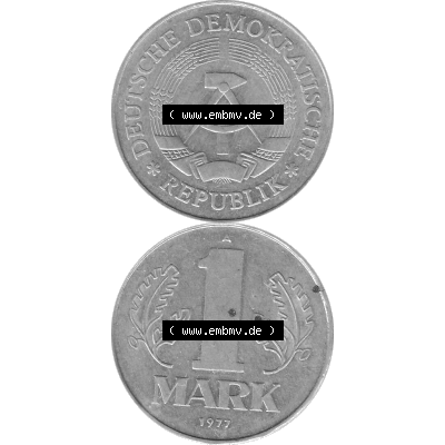 DDR Münze 1956-1990 Umlaufmünze / Kursmünze 1972-1990, A 1 Mark 1977-09 Graustufen. Bildmaterial als transparente Graustufen PNG-Grafik mit der Vorderseite und Rückseite... Sammlung