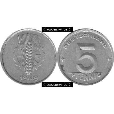 DDR Münze 1948-1990 Umlaufmünze / Kursmünze in Grau 1948-1950, A 5 Pfennig 1949-01 Graustufen. Bildmaterial als Graustufen - s/w - Grau - Schwarzweiß aus farbiger... Sammlung