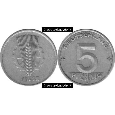 DDR Münze 1948-1990 Umlaufmünze / Kursmünze in Grau 1948-1950, A 5 Pfennig 1948-02 Graustufen. Bildmaterial als Graustufen - s/w - Grau - Schwarzweiß aus farbiger... Sammlung