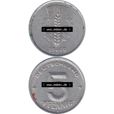 DDR Münze 1948-1990 Umlaufmünze / Kursmünze 1948-1950, Mzz. A für Berlin der DDR 5 Pfennig 1949-01. Bildmaterial als transparente PNG-Grafik mit der Vorderseite... Sammlung
