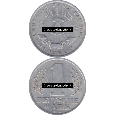 DDR Münze 1956-1990 Umlaufmünze / Kursmünze 1956-1963, A 1 Deutsche Mark 1956-11. Bildmaterial als transparente PNG-Grafik mit der Vorderseite und Rückseite vertikal... Sammlung