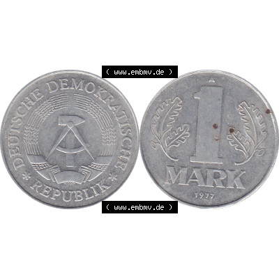 DDR Münze 1956-1990 Umlaufmünze / Kursmünze 1972-1990, A 1 Mark 1977-09. Bildmaterial als transparente PNG-Grafik mit der Vorderseite und Rückseite horizontal rechts... Sammlung
