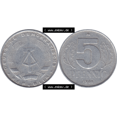 DDR Münze 1948-1990 Umlaufmünze / Kursmünze 1968-1990, Mzz. A für Berlin der DDR 5 Pfennig 1968-01. Bildmaterial als transparente PNG-Grafik mit der Vorderseite... Sammlung