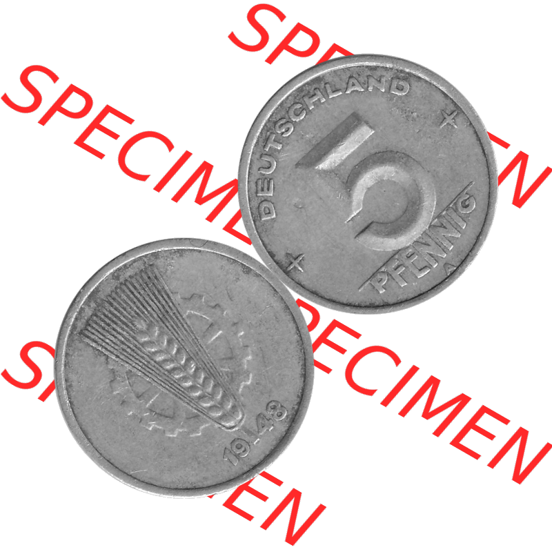 DDR Münze 1948-1990 Umlaufmünze / Kursmünze in Grau 1948-1950, A 5 Pfennig 1948-03 Graustufen. Bildmaterial als Graustufen - s/w - Grau - Schwarzweiß aus farbiger... Sammlung
