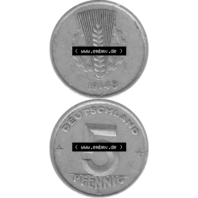 DDR Münze 1948-1990 Umlaufmünze / Kursmünze in Grau 1948-1950, A 5 Pfennig 1948-01 Graustufen. Bildmaterial als transparente Graustufen - s/w - Grau - Schwarzweiß... Sammlung