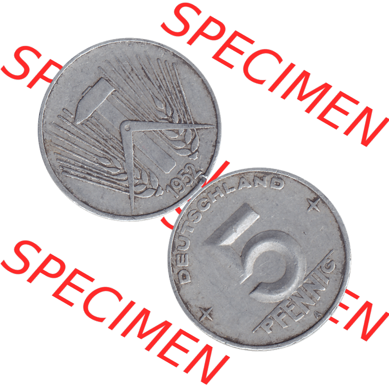 DDR Münze 1948-1990 Umlaufmünze / Kursmünze 1952-1953, Mzz. A für Berlin der DDR 5 Pfennig 1952-02. Bildmaterial als transparente PNG-Grafik mit der Vorderseite... Sammlung