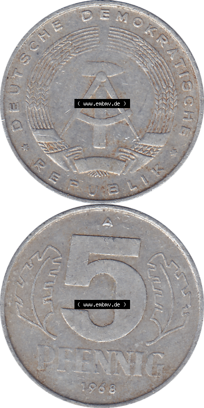 DDR Münze 1948-1990 Umlaufmünze / Kursmünze 1968-1990, Mzz. A für Berlin der DDR 5 Pfennig 1968, 5 / Fünf Pfennig-Stücke Sammlung