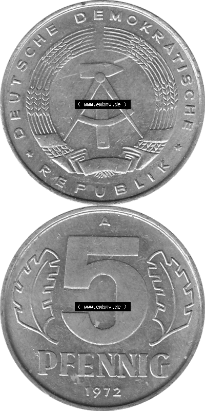 DDR Münze 1948-1990 Umlaufmünze / Kursmünze in Grau 1968-1990, A 5 Pfennig 1972 (Stück 1) Graustufen, sich 5 / Fünf Pfennig-Stücke,... Sammlung