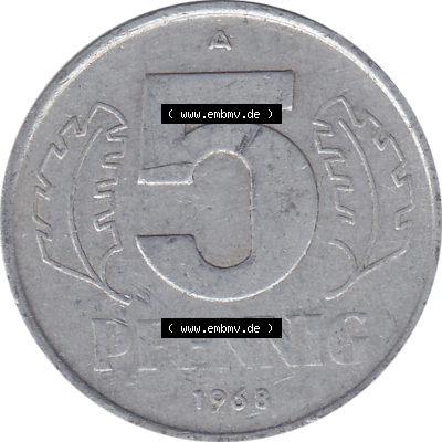 DDR Münze 1948-1990 Umlaufmünze / Kursmünze 1968-1990, Mzz. A für Berlin der DDR 5 Pfennig 1968, Fünf Pfennig DDR (GDR) Münzen Sammlung