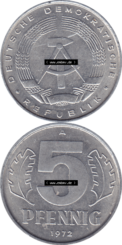 DDR Münze 1948-1990 Umlaufmünze / Kursmünze 1968-1990, A 5 Pfennig 1972, 5 / Fünf Pfennig-Stücke Sammlung