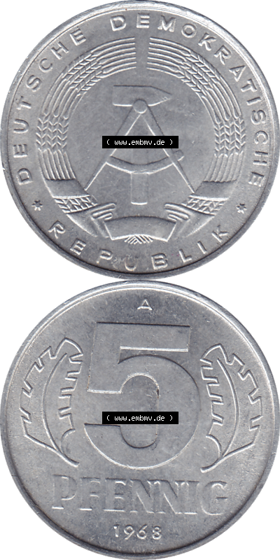 DDR Münze 1948-1990 Umlaufmünze / Kursmünze 1968-1990, Mzz. A für Berlin der DDR 5 Pfennig 1968, 5 / Fünf Pfennig-Stücke Sammlung