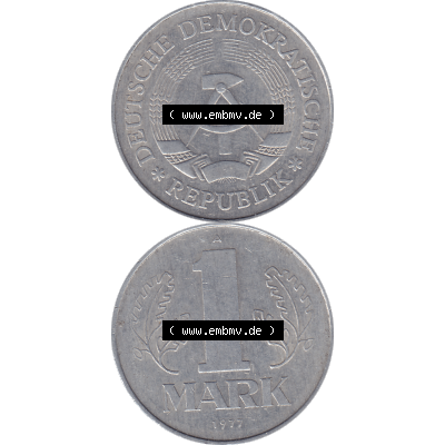 DDR Münze 1956-1990 Umlaufmünze / Kursmünze 1972-1990, A 1 Mark 1977-11. Bildmaterial als transparente PNG-Grafik mit der Vorderseite und Rückseite vertikal untereinander... Sammlung