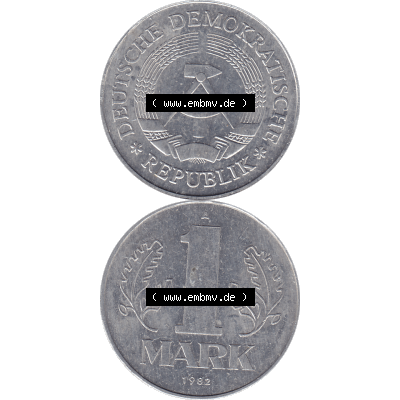 DDR Münze 1956-1990 Umlaufmünze / Kursmünze 1972-1990, A 1 Mark 1982-01. Bildmaterial als transparente PNG-Grafik mit der Vorderseite und Rückseite vertikal untereinander... Sammlung