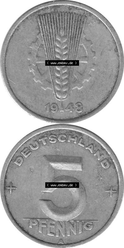 DDR Münze 1948-1990 Umlaufmünze / Kursmünze in Grau 1948-1950, A 5 Pfennig 1948 (Stück 3) Graustufen, sich 5 / Fünf Pfennig-Stücke,... Sammlung