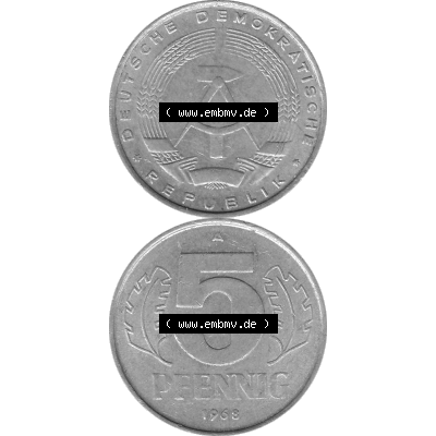 DDR Münze 1948-1990 Umlaufmünze / Kursmünze in Grau 1968-1990, A 5 Pfennig 1968-04 Graustufen. Bildmaterial als transparente Graustufen - s/w - Grau - Schwarzweiß... Sammlung