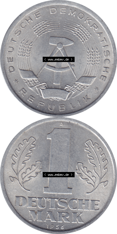 DDR Münze 1956-1990 Umlaufmünze / Kursmünze 1956-1963, A 1 Deutsche Mark 1956 (Stück 9). Bildmaterial als transparente PNG-Grafik... Sammlung