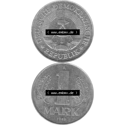 DDR Münze 1956-1990 Umlaufmünze / Kursmünze 1972-1990, A 1 Mark 1982-01 Graustufen. Bildmaterial als transparente Graustufen PNG-Grafik mit der Vorderseite und Rückseite... Sammlung