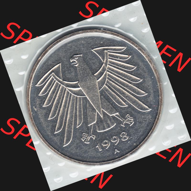 Münze der BRD Deutschland Umlaufmünze 1975-2001, 5 DM-Deutsche Mark , Rückseite der Deutschen Mark Münze der Bundesrepublik Deutschland Sammlung