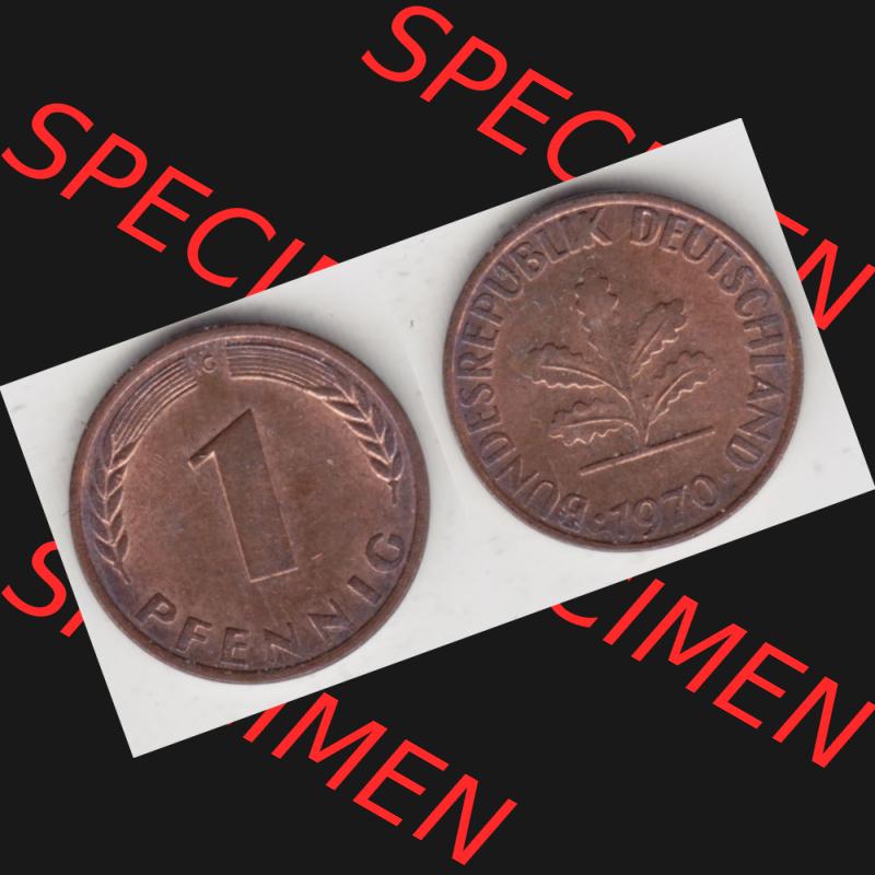 BRD Münze aus Deutschland 1950-2001 1 Pfennig / 1 Pf. 1970 G - Vollansicht II.. Bild der Vorderseite und Rückseite einer 1 Pfennig Münze der Bundesrepublik Deutschland... Sammlung