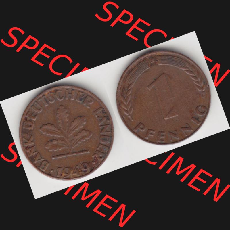 BRD Münze aus Deutschland 1948-1949, 1 Pfennig / 1 Pf. 1949 J - Vollansicht I.. Bild der Vorderseite und Rückseite einer 1 Pfennig Münze der Bundesrepublik... Sammlung