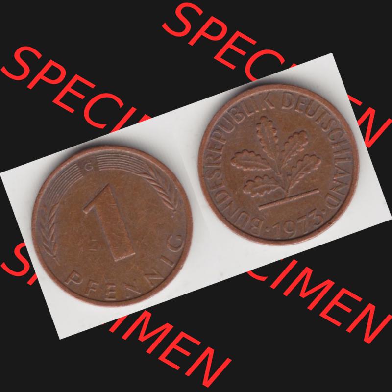 BRD Münze aus Deutschland 1950-2001, 1 Pfennig / 1 Pf. 1973 G - Vollansicht II.. Bild der Vorderseite und Rückseite einer 1 Pfennig Münze der Bundesrepublik... Sammlung