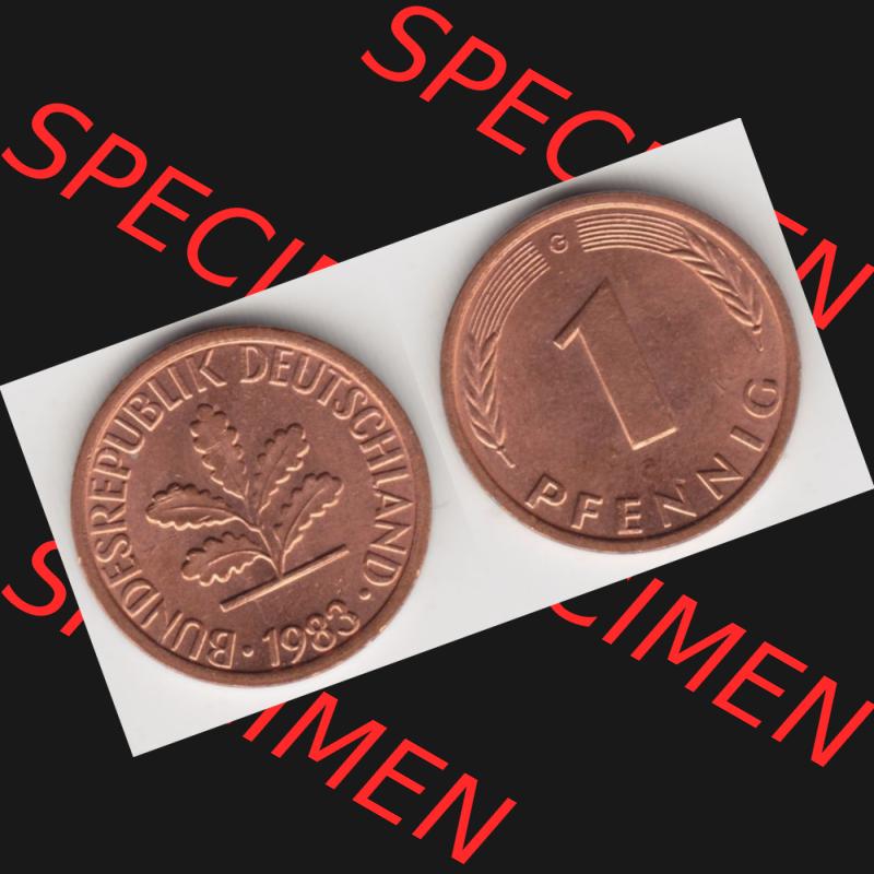 BRD Münze aus Deutschland 1950-2001, 1 Pfennig / 1 Pf. 1983 G - Vollansicht I.. Bild der Vorderseite und Rückseite einer 1 Pfennig Münze der Bundesrepublik... Sammlung