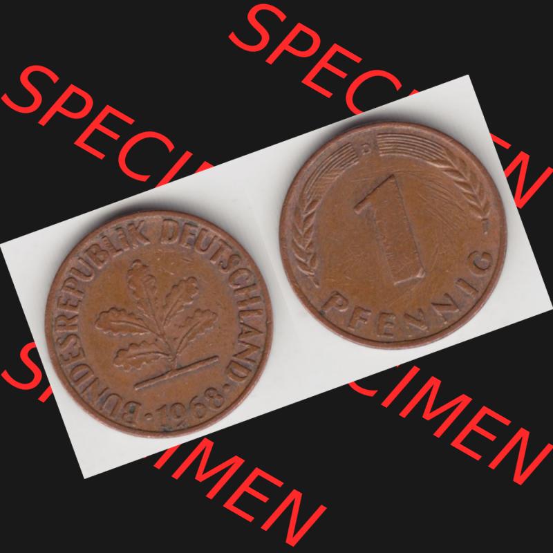 BRD Münze aus Deutschland 1950-2001, 1 Pfennig / 1 Pf. 1968 D - Vollansicht I.. Bild der Vorderseite und Rückseite einer 1 Pfennig Münze der Bundesrepublik... Sammlung
