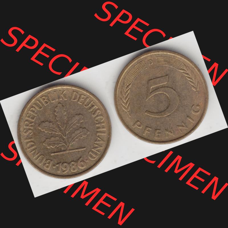 BRD Münze aus Deutschland 1950-2001, 5 Pfennig / 5 Pf. 1986 D - Vollansicht I. als Bildmaterial innerhalb vom online Katalog und online Datenbank für Münzen der BRD... Sammlung