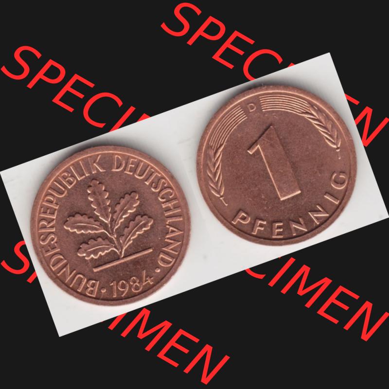 BRD Münze aus Deutschland 1950-2001, 1 Pfennig / 1 Pf. 1984 D - Vollansicht I.. Bild der Vorderseite und Rückseite einer 1 Pfennig Münze der Bundesrepublik... Sammlung