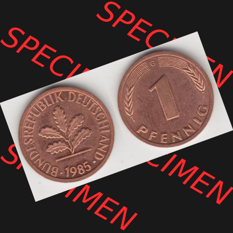 BRD Münze aus Deutschland 1950-2001, 1 Pfennig / 1 Pf. 1985 G - Vollansicht I.. Bild der Vorderseite und Rückseite einer 1 Pfennig Münze der Bundesrepublik... Sammlung