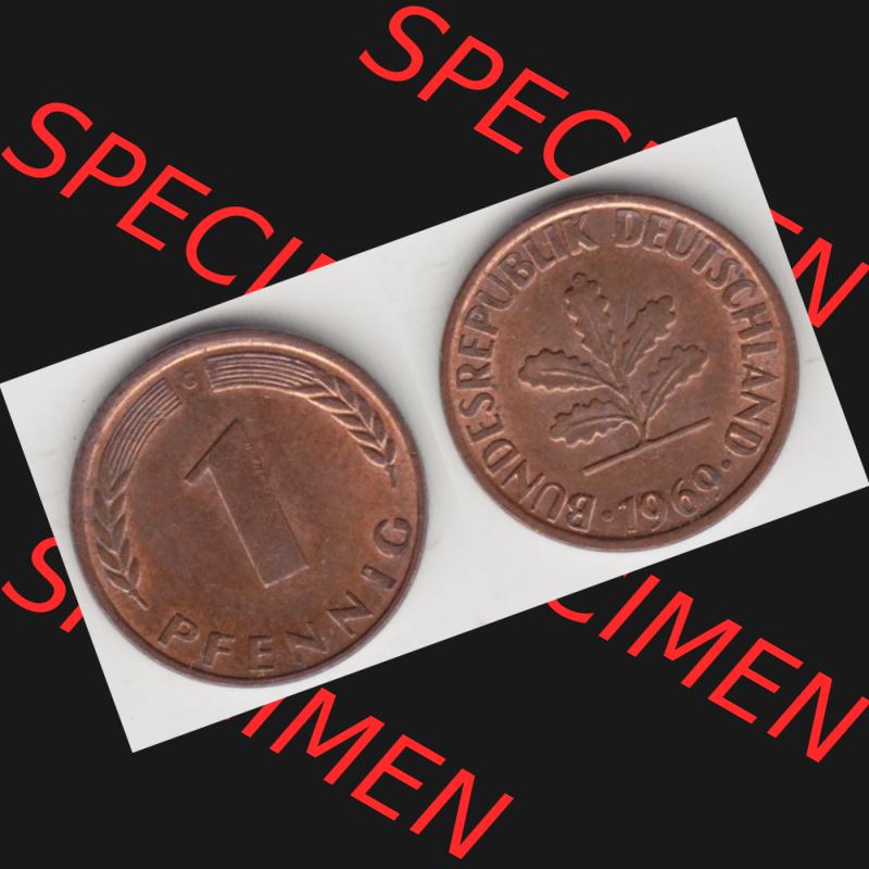 BRD Münze aus Deutschland 1950-2001, 1 Pfennig / 1 Pf. 1969 G - Vollansicht II.. Bild der Vorderseite und Rückseite einer 1 Pfennig Münze der Bundesrepublik... Sammlung