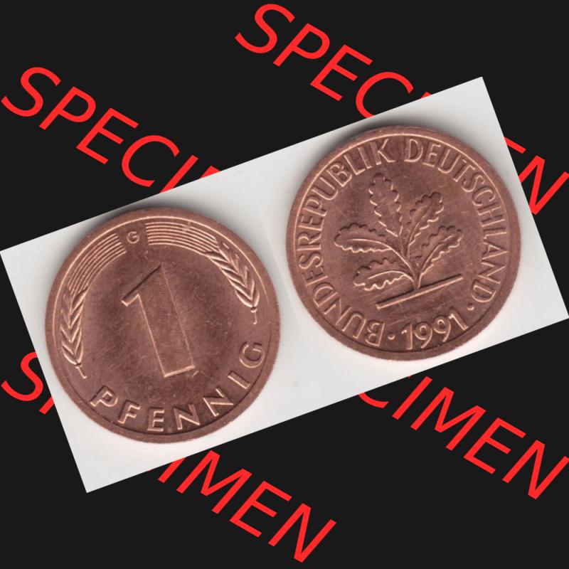 BRD Münze aus Deutschland 1950-2001, 1 Pfennig / 1 Pf. 1991 G - Vollansicht II.. Bild der Vorderseite und Rückseite einer 1 Pfennig Münze der Bundesrepublik... Sammlung