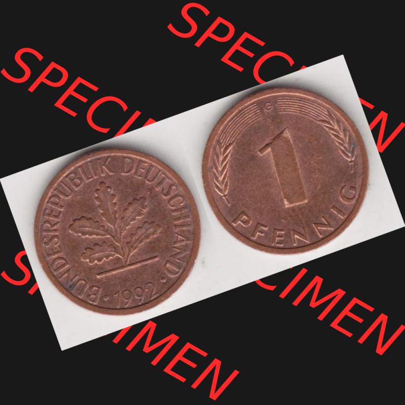 BRD Münze aus Deutschland 1950-2001, 1 Pfennig / 1 Pf. 1992 G - Vollansicht I.. Bild der Vorderseite und Rückseite einer 1 Pfennig Münze der Bundesrepublik... Sammlung